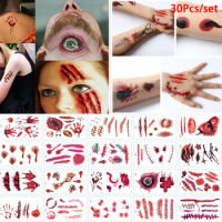 30Pcs Halloween Theme Bloody Wound Tattoo Stickers Waterproof Temporary Face Makeup Kids Party Favors Decoration