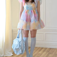 Women Puffy Sleeve Princess Tulle Dress Square Neck Mesh Fluffy Fairy Mini Dress Bubble Sleeve Party Prom Dress