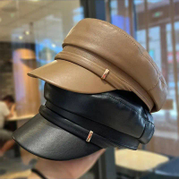 Japanese Retro PU Leather Octagonal Hat for Women, Spring and Autumn, Artistic and Elegant Flat Top 