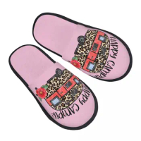 Happy Camper House Slippers Soft Warm Camping Life Memory Foam Fluffy Slipper Custom Print Women Indoor Outdoor Shoes