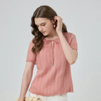 【ILEY 伊蕾】綁帶蕾絲直條紋短袖上衣(粉；M-XL；1252241004)