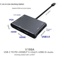 6-in-1 Type C To HDMI*2+VGA+USB2.0+Audio+Power Delivery: MST Supported Docking Station