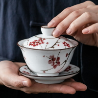 青花瓷蓋碗單個茶杯特大號陶瓷單個三才泡茶碗白瓷功夫茶具德化白