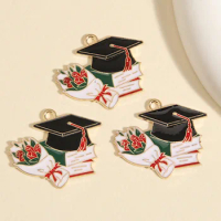 10pcs Gold Color 29x25mm Lovely Enamel Graduate Charms Graduation Cap Book Flower Pendant For DIY Jewelry Making Accessories