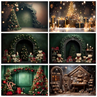 Christmas Tree Photo Background Fireplace Wreath Wood Door Gift Snowflake Photography Backdrop Family Holiday Party Photo Studio