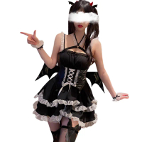 【愛衣朵拉】惡魔裝 黑色小惡魔蘿莉洋裝 皮質馬甲腰峰(萬聖節派對角色扮演服飾)
