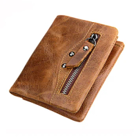 Genuine Crazy Horse Leather Men Wallets Vintage Billfold Wallet Zip Coin Pocket Purse Cowhide Leather Wallet For Mens