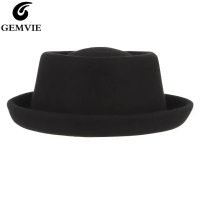 GEMVIE Classic 100% Wool Soft Felt Pork Pie Hat Fedora For Men Women Autumn Winter Wool Hat Curved B