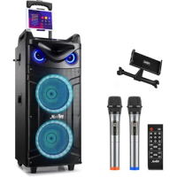 Karaoke Machine, Double 10" Woofer PA System, Portable Bluetooth Speaker with 2 Wireless Microphone, Disco Lights