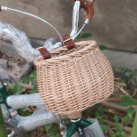 Vintage Rattan Bike Wicker D-Shaped Bicycle Front Baskets Kids Cart Craftsmanship Handlebar Storage Shopping Box Leather Straps