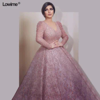 Plus Size Sparkly Muslim Evening Dresses A-Line With Long Sleeves Dubai Turkish V-Neck Evening Gowns Beaded Celebrity Gowns