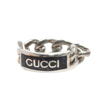 GUCCI 經典品牌LOGO仿舊925純銀鍊條造型戒指(黑色)