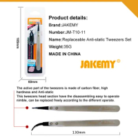 JAKEMY JM-T10-11 High Quality Replaceable Anti-static Heat Resistant Insulated Stainless Steel Tweezers for Disassembling