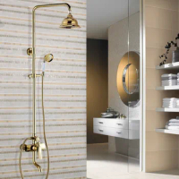 Shower Faucets Gold Brass Bathroom Shower Mixer Tap Faucet Set Rain Shower Head Round Wall Mounted Bathtub Faucet zgf316