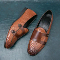 British Style Woven Pattern Double Monk Strap Shoes For Men Luxury Handmade Leather Loafers Slip On Men's Flats Dress Shoes