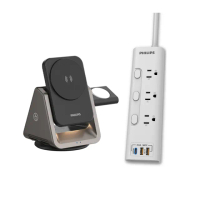 【Philips 飛利浦】黑金剛磁吸三合一磁吸充電座+3開3插 2A+1C PD 20W延長線(DLK3540Q+CHP8430WA/96)