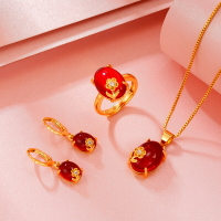 越南沙金女士瑪瑙項鏈戒指吊墜套裝鍍金鑲嵌紅寶石久不色首飾品