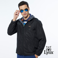 【Lynx Golf】男款保暖防風內刷毛右肩經典大山貓印花長袖連帽外套-黑色