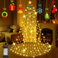 Tree Top Star and Ring Christmas Tree Lights LED Christmas Tree Waterfall Lights, Timer 8 Modes Chri