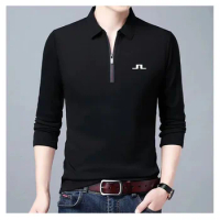 J Lindeberg Golf Men Solid Polo Shirt Lapel Long-sleeved Polos Shirt Zipper Collar Fashion Spring and Autumn Casual Loose Tops