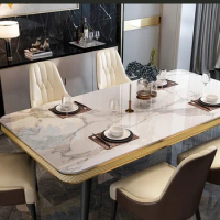 Modern Luxury Dining Table Set For Kitchen Furniture Marble Table Top Metal Table Frame Leather Dining Chairs