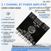 ZK-AS21 220W*2+350W 2.1 Channel TPA3255 Bluetooth Digital Power Amplifier Board Module High and Low Tone Subwoofer Audio APP