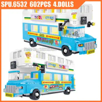 Ql0952 602pcs Urban Technical Blue Double-decker Sightseeing Bus Building Blocks Toy Brick