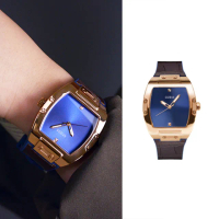 【GUESS】玫瑰金框 藍面 酒桶錶造型 藍色矽膠錶帶+咖啡皮革表面 男錶 手錶 情人節(GW0386G2)