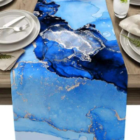 Blue Marble Texture Heat Resistant Linen Table Runner Washable Dresser Scarf Table Decor Kitchen Holiday Party Dining Room Decor