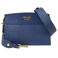 【PRADA 普拉達】經典浮雕LOGO附鎖頭鑰匙組寬背帶二用方包(深藍 全新福利品)