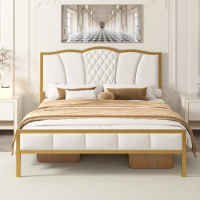 Queen Size Bed Frame, Modern Bed Frame with Tufted Headboard, Golden Metal Platform Bed Frame with Wood Slat Support