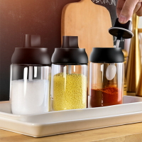 廚房調味盒防潮調料瓶罐密封玻璃調味瓶蓋勺一體控鹽罐油壺蜂蜜罐