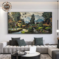 Lukisan dinding ruang tamu pemandangan pedesaan bali Frame