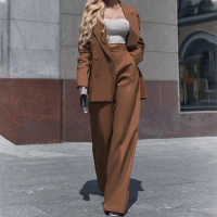 Tesco Long Sleeve Women's Blazer Suit 2 Piece Solid Loose Jacket+Straight Wide Leg Pants Casual Pantsuit For Prom Party Wear