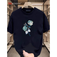 Kaos katun lengan pendek pria musim panas 2024 tren baru pencetakan sastra retro model atasan longga