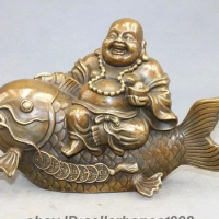 China Buddhism Auspicious laughing Maitreya buddha Ride Fish Bronze Statue
