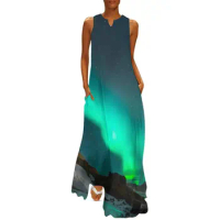 northern lights trail above snowed mountain mixed with the stars Long Dress wedding guest dress 2025