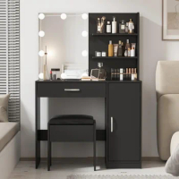 Makeup Vanity with Lighted Mirror, Desk Drawer and Storage Cabinet, Dresser Mirror Dressing Table for Bedroom, Bathroom, Black