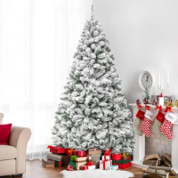 New 6ft Artificial Snow Decorated Flocked Hinged Christmas Tree with Metal Stand, Indoor Outdoor White