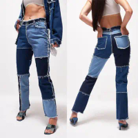 Variegated Patchwork Women's Straight Skinny Jeans Vintage High Waist Boyfriends Denim Distressed Streetwear Female Denim Pants