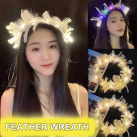 LED Feather Wreath Crown Headband Light-Up Angel Halo Headband Luminous Headdress for Women Girls Wedding Christmas Party Gift