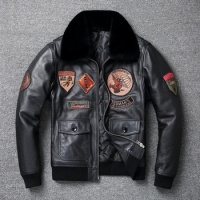 High Quality Top Layer Cowhide Jacket Men Large Size Corium Flight Jacket Detachable Fur Collar keep warm Military Jacket