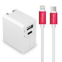 【TOPCOM】Type-C PD+USB 雙孔快充充電器+NEXSON 蘋果認證 Type-C to Lightning-紅色(1A1C)
