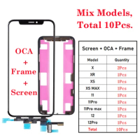 10PCS Touch Screen Digitizer Front Outer Screen Glass Lens Panel With Flex Cable Frame OCA Glue For iPhone X XS XR 11 12 Pro Max