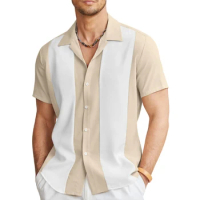 Fashion summer 2024 men's shirt bowling shirt button shirt casual short sleeve color matching lapels street daily men's 6 colors
