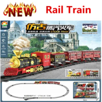 Spray Classical Steam Train Electric Model Train Track Set With Sound And Light Rail Train Toys Children
