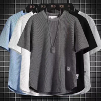 Kemeja-T Lengan Pendek Lelaki, Baju Melengkung Sutera Ais Wafel, Baju-T Sukan Bernafas, Longgar, Sai