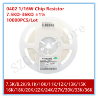 10000PCS/Reel 0402 1/16W 7.5KΩ-36KΩ 1% Chip Resistor 7.5K 8.2K 9.1K 10K 11K 12K 13K 15K 16K 18K 20K 22K 24K 27K 30K 33K 36K SMD