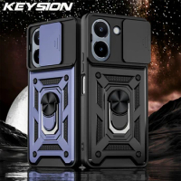 KEYSION Shockproof Armor Case for VIVO Y36 5G Silicone + PC Slide Camera Lens Protection Ring Stand Phone Cover for VIVO Y36 Y16