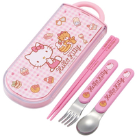 小禮堂 Hello Kitty 滑蓋三件式餐具組 Ag+ (粉格子款) 4973307-608100